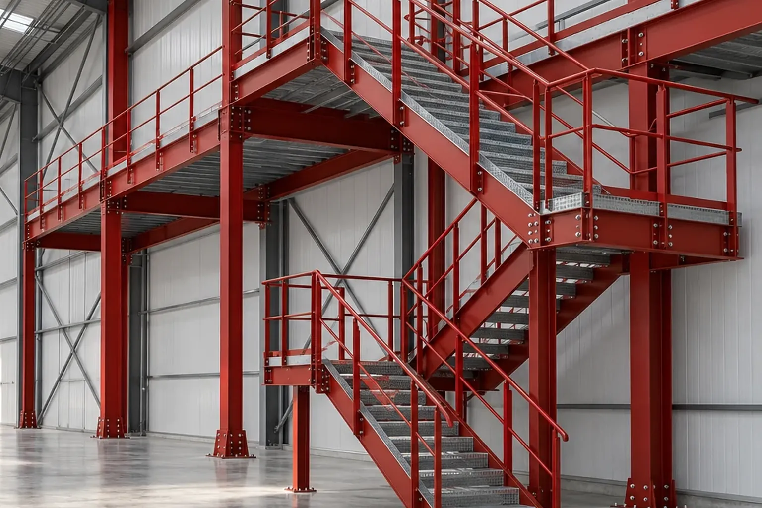 Conceptual visualisation of red steel stairs, platforms and guardrails in an industrial facility.