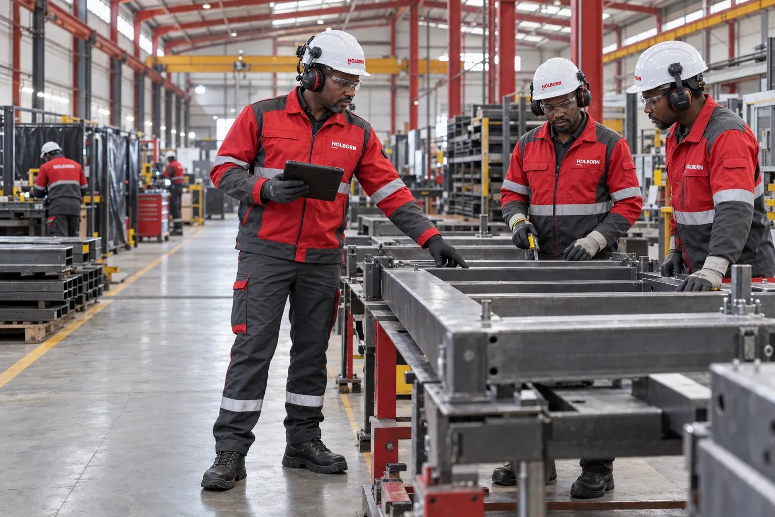 Conceptual visualisation of the Holborn team inspecting a steel structure in the workshop, with a tablet and protective equipment.