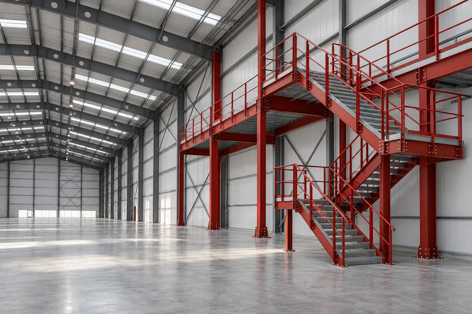 Conceptual visualisation of a warehouse with a steel frame and access stairs.